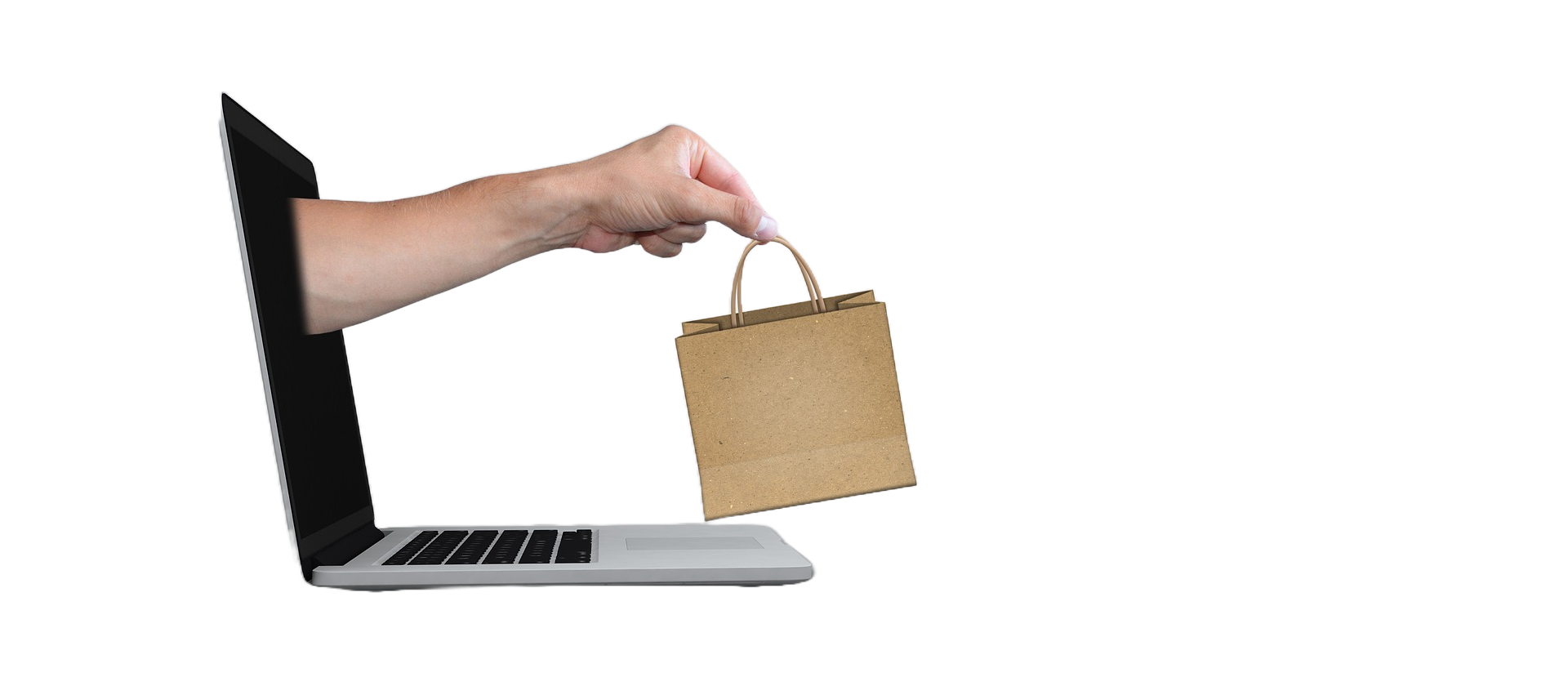 Laptop mit Händlerhand und Paketlieferung